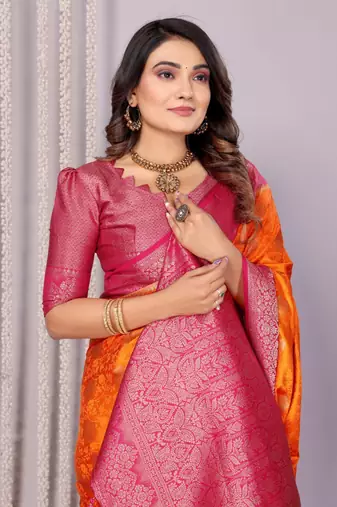 Orange satin silk blend saree with contrast zari woven borders