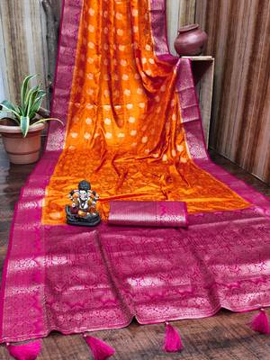 Orange satin silk blend saree with contrast zari woven borders 4
