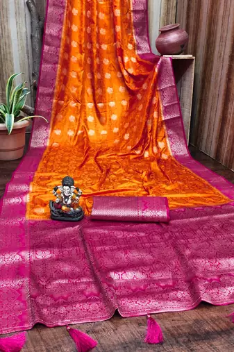 Orange satin silk blend saree with contrast zari woven borders