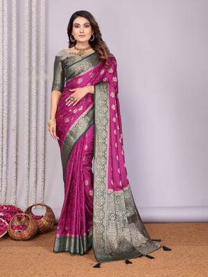 Purple satin silk blend saree with contrast zari woven borders 1
