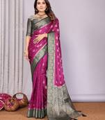 Purple satin silk blend saree with contrast zari woven borders