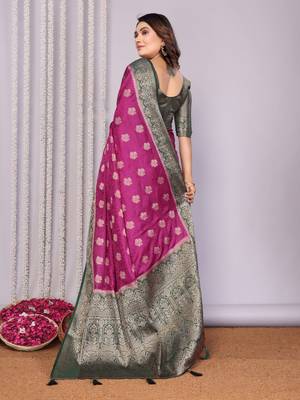 Purple satin silk blend saree with contrast zari woven borders 2