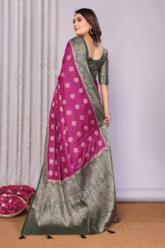 Purple satin silk blend saree with contrast zari woven borders