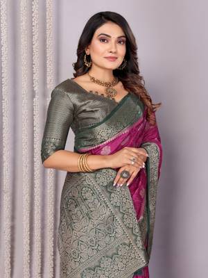 Purple satin silk blend saree with contrast zari woven borders 3