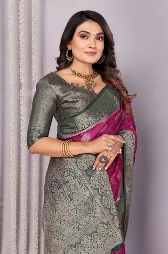 Purple satin silk blend saree with contrast zari woven borders