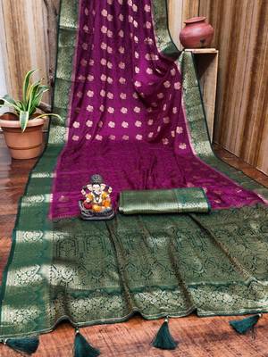 Purple satin silk blend saree with contrast zari woven borders 4