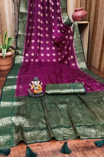 Purple satin silk blend saree with contrast zari woven borders