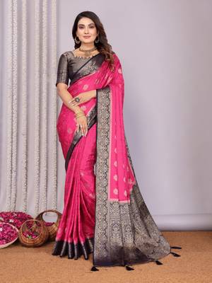 Rani pink satin silk blend saree with contrast zari woven borders 1
