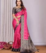 Rani pink satin silk blend saree with contrast zari woven borders