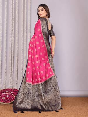 Rani pink satin silk blend saree with contrast zari woven borders 2