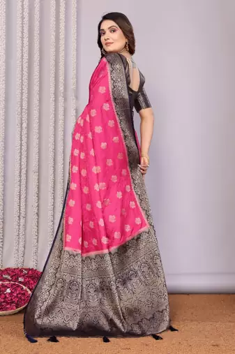Rani pink satin silk blend saree with contrast zari woven borders