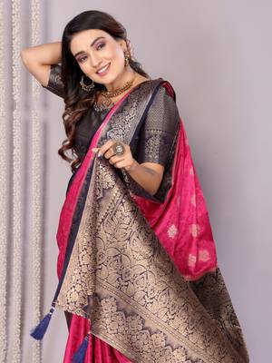 Rani pink satin silk blend saree with contrast zari woven borders 3