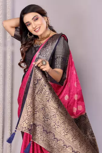 Rani pink satin silk blend saree with contrast zari woven borders