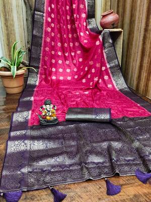 Rani pink satin silk blend saree with contrast zari woven borders 4