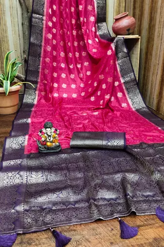 Rani pink satin silk blend saree with contrast zari woven borders
