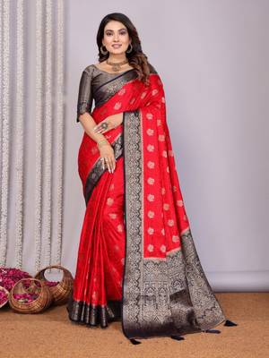 Red satin silk blend saree with contrast zari woven borders 1