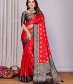 Red satin silk blend saree with contrast zari woven borders