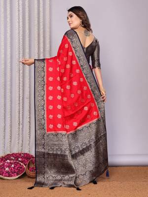 Red satin silk blend saree with contrast zari woven borders 2