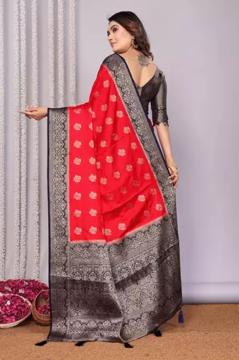 Red satin silk blend saree with contrast zari woven borders