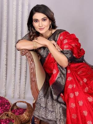 Red satin silk blend saree with contrast zari woven borders 3