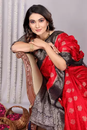 Red satin silk blend saree with contrast zari woven borders