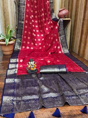 Red satin silk blend saree with contrast zari woven borders 4