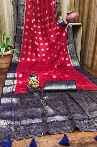 Red satin silk blend saree with contrast zari woven borders