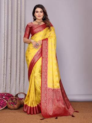 Red and yellow satin silk blend saree with contrast zari woven borders 1