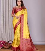 Red and yellow satin silk blend saree with contrast zari woven borders