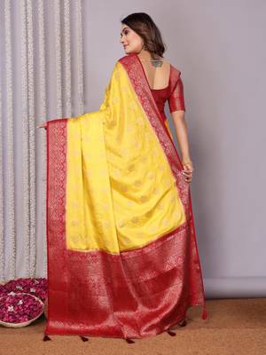 Red and yellow satin silk blend saree with contrast zari woven borders 2