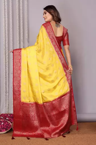 Red and yellow satin silk blend saree with contrast zari woven borders