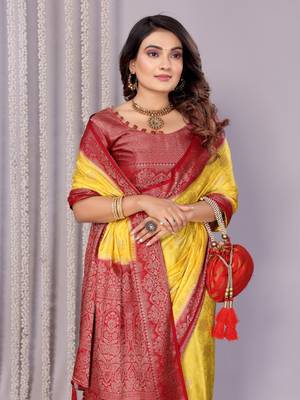 Red and yellow satin silk blend saree with contrast zari woven borders 3