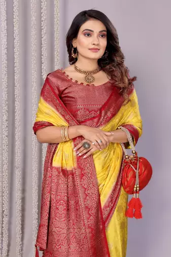 Red and yellow satin silk blend saree with contrast zari woven borders