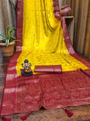 Red and yellow satin silk blend saree with contrast zari woven borders 4