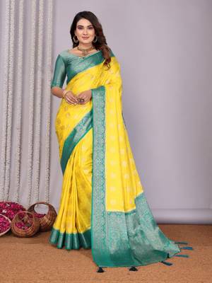 Yellow satin silk blend saree with contrast zari woven borders 1