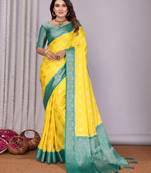 Yellow satin silk blend saree with contrast zari woven borders
