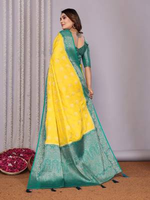 Yellow satin silk blend saree with contrast zari woven borders 2