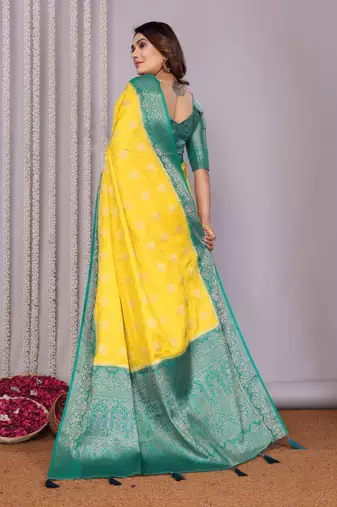 Yellow satin silk blend saree with contrast zari woven borders