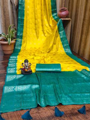 Yellow satin silk blend saree with contrast zari woven borders 3