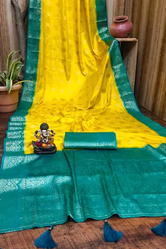 Yellow satin silk blend saree with contrast zari woven borders