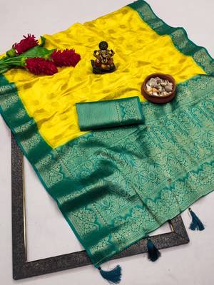 Yellow satin silk blend saree with contrast zari woven borders 4