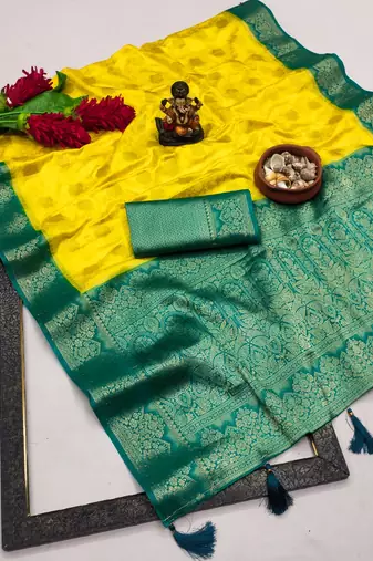 Yellow satin silk blend saree with contrast zari woven borders