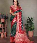 Dark green handmade bandhej satin silk saree with zari weaving border