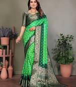 Light green handmade bandhej satin silk saree with zari weaving border