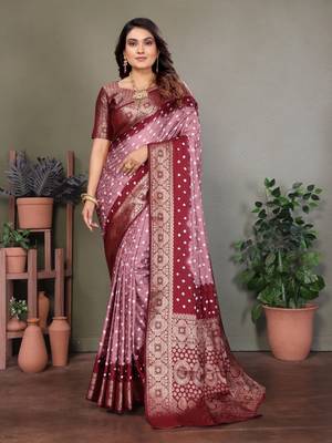 Peach handmade bandhej satin silk saree with zari weaving border 1