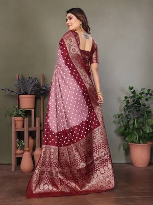 Peach handmade bandhej satin silk saree with zari weaving border 2