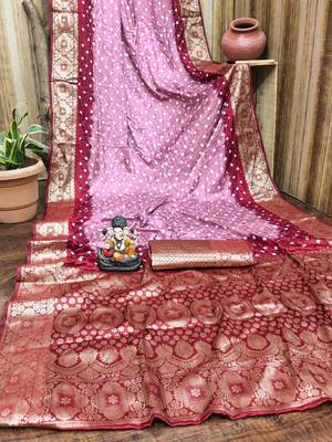 Peach handmade bandhej satin silk saree with zari weaving border 4