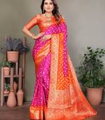 Rani pink handmade bandhej satin silk saree with zari weaving border