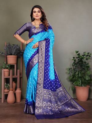 Light blue handmade bandhej satin silk saree with zari weaving border 1