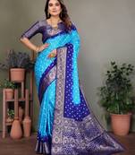 Light blue handmade bandhej satin silk saree with zari weaving border